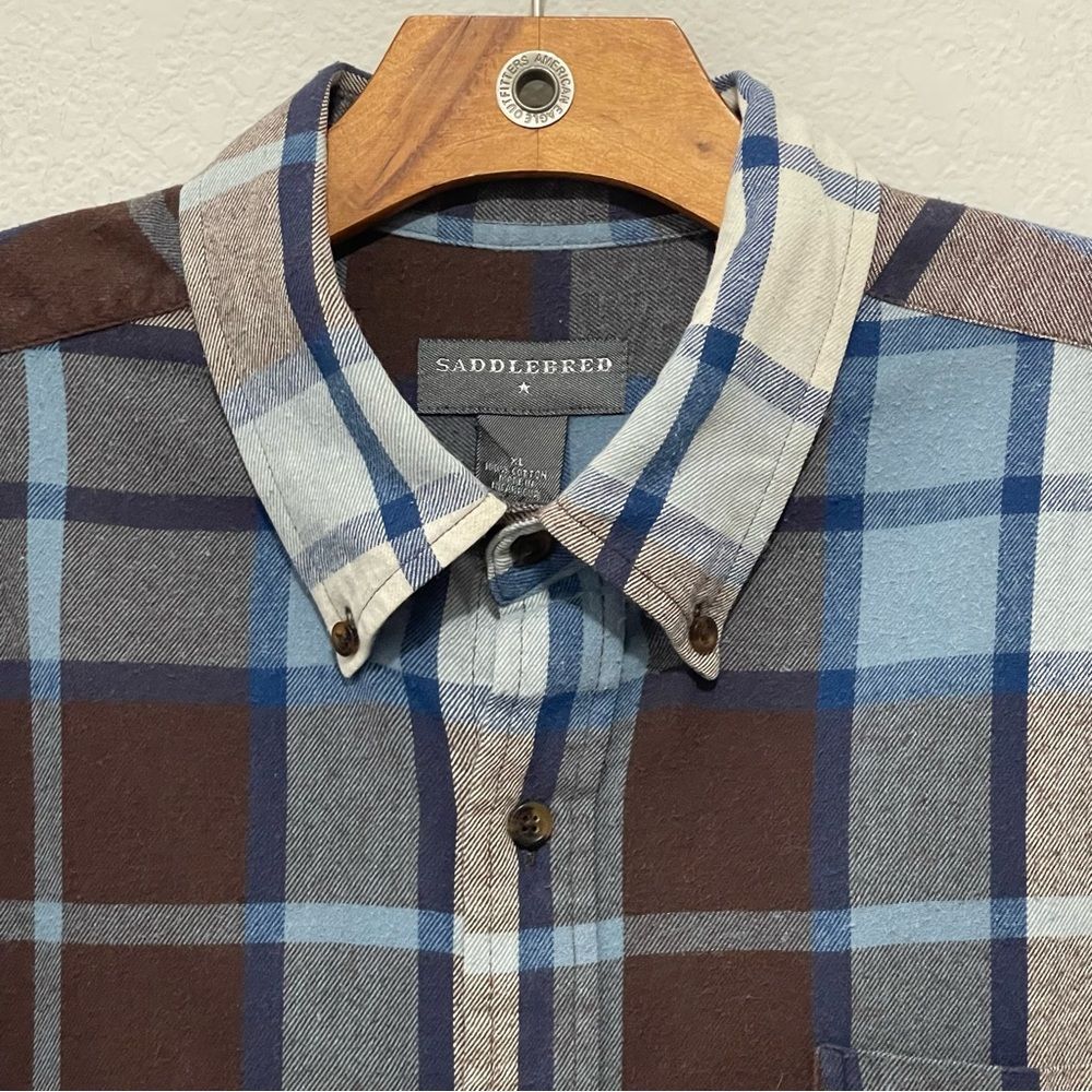 Saddlebred Men’s Flannel Size XL in Blue and Brown Plaid 100% Cotton